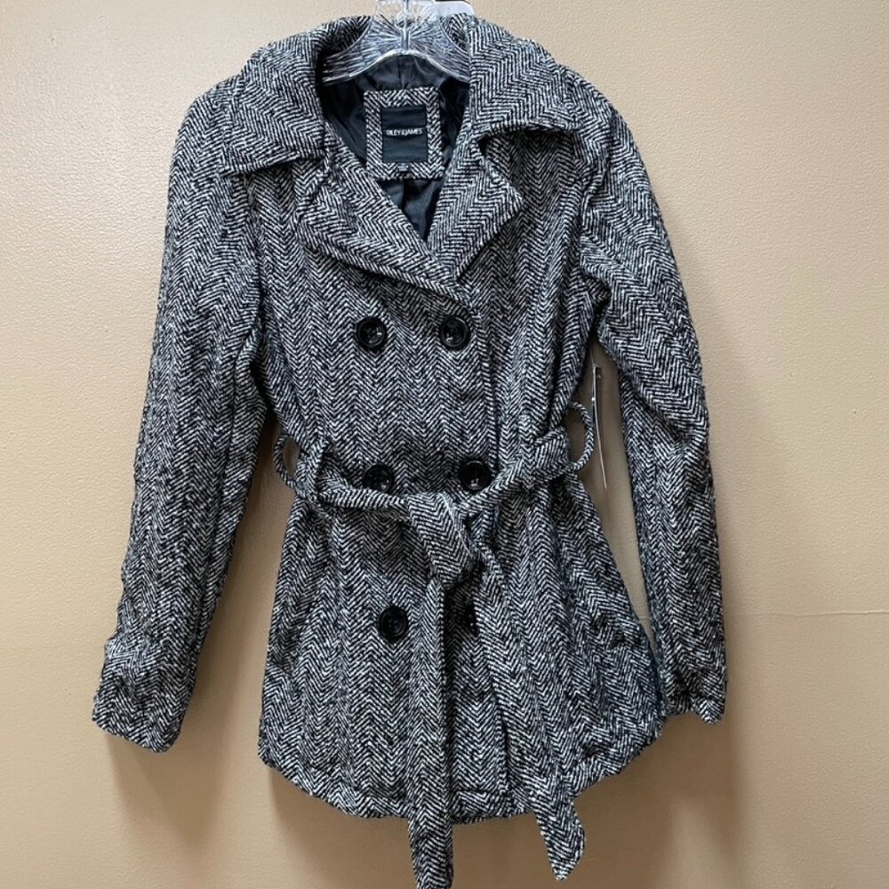 Riley and James Women Pea Coat Double Breasted with Belt, Black/White Size M NWT